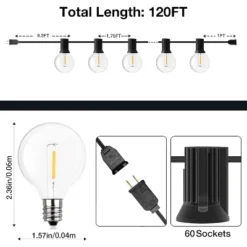 Itopfox 120FT Outdoor String Lights, Waterproof Patio Lights With 64 Hanging Globe G40 Bulbs, Shatterproof For Backyard Decor