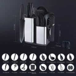 Itopfox 18-Piece Kitchen Utensils Set With Sharp Knives, Stainless Steel Holder And Cutting Board For Cooking