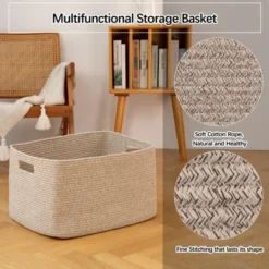 Itopfox Woven Blanket Storage Basket With Handle, Cotton Rope Basket For Organizing, Blanket Basket For Living Room, Toy Basket For Nursery, Brown -Itopfox Shop GUEST 0901b098 adec 4bf0 96ed 5ce73620adac