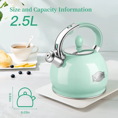 Itopfox Stainless Steel Whistling Tea Kettle With Cool Touch Handle, 2.64 Quart Induction Compatible Stovetop Teapot In Mint Green 4 Itopfox Stainless Steel Whistling Tea Kettle With Cool Touch Handle, 2.64 Quart Induction Compatible Stovetop Teapot In Mint Green - Image 4