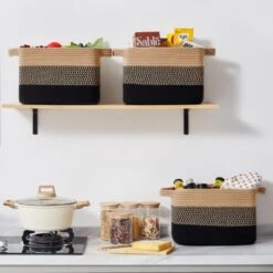 Itopfox Woven Storage Basket Set Of 3, Decorative Organizer Bins For Shelves, Closet, Toys, Books, Nursery - Black & Brown -Itopfox Shop GUEST 17dae030 aedc 4d7b b834 098467df5196