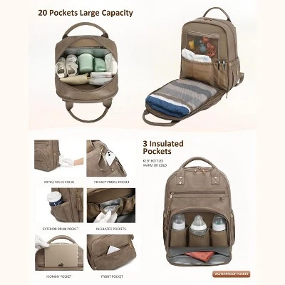 Itopfox Vegan Leather Diaper Backpack With Waterproof Changing Pad, 20 Pockets, Fits 15.6" Laptop, Stroller Straps, Taupe 5 Itopfox Vegan Leather Diaper Backpack With Waterproof Changing Pad, 20 Pockets, Fits 15.6" Laptop, Stroller Straps, Taupe - Image 5