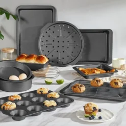 Itopfox 10-Piece Nonstick Bakeware Set With Cooling Rack, Cookie Sheet, Cake Pans, Loaf Pan, Muffin Pan & Pizza Pan - Grey, Wide Grips
