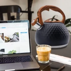 Itopfox Tea Kettle For Stove Top Loud Whistling Kettle For Boiling Water Coffee Or Milk Heavy Stainless Steel With Wood Pattern Handle Unique Button