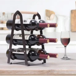 Itopfox Wine Rack, 6 Bottle Wooden Countertop Free Standing Shelf, 3 Tier Bottle Holder Stand For Home Bar Tabletop, Kitchen Storage