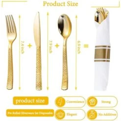Itopfox 100-Pack Gold Plastic Silverware Set Disposable Cutlery With Forks, Knives, Spoons & Napkins, Elegant & Durable For Parties, Events, Banquets