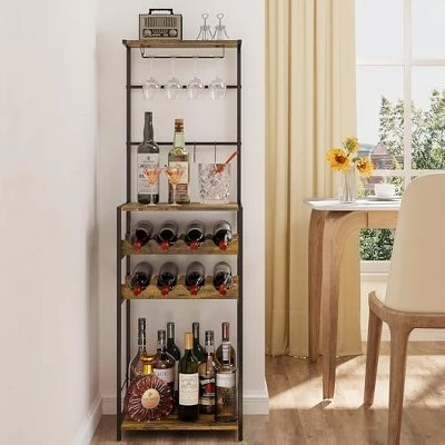 Itopfox 5-Tier Freestanding Wine Rack With Glasses Holder And 4 S Hooks, Corner Mini Bar Cabinet For Small Spaces, Holds 8 Bottles 2 Itopfox 5-Tier Freestanding Wine Rack With Glasses Holder And 4 S Hooks, Corner Mini Bar Cabinet For Small Spaces, Holds 8 Bottles - Image 2