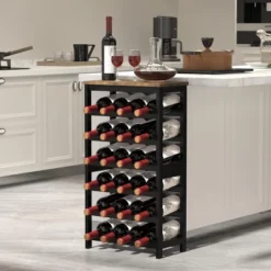 Itopfox 6-Tier Bamboo Wine Rack Freestanding Floor, 24 Bottles Wine Storage Shelves With Table Top, Stackable Display For Kitchen, Bar Rustic Brown