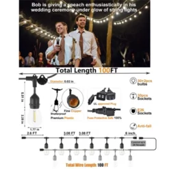 Itopfox Outdoor LED String Lights 100FT Heavy-Duty Patio Lights With 32 Dimmable Shatterproof Bulbs For Gazebo Pergola Bistro