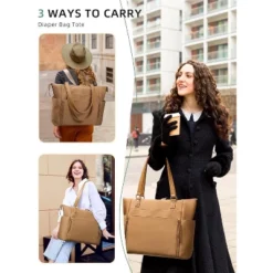 Itopfox Neoprene Diaper Bag Tote With Changing Station, 14 Pockets Large Capacity Travel Baby Bag, Convertible Diaper Tote, Brown