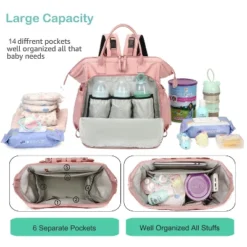 Itopfox Convertible Diaper Bag Tote With 14 Pockets, Water-resistant Nylon, Stroller Buckle, Wide Open Top (Pink, Large)