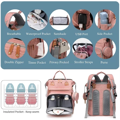 Itopfox Baby Diaper Backpack With Changing Station, Large Capacity Waterproof Diaper Bag For Parents, USB Port & Stroller Straps, Pink 3 Itopfox Baby Diaper Backpack With Changing Station, Large Capacity Waterproof Diaper Bag For Parents, USB Port & Stroller Straps, Pink - Image 3