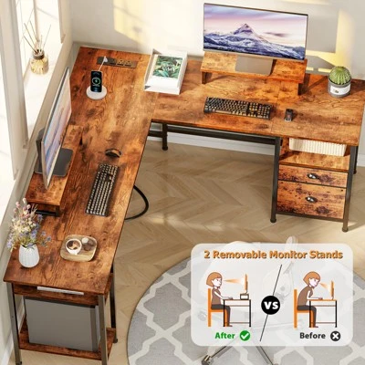Itopfox L Shaped Desk With Power Outlet, Reversible Computer Gaming Desk With File Drawer & 2 Monitor Stands For Home Office With Storage Shelves 5 Itopfox L Shaped Desk With Power Outlet, Reversible Computer Gaming Desk With File Drawer & 2 Monitor Stands For Home Office With Storage Shelves - Image 5