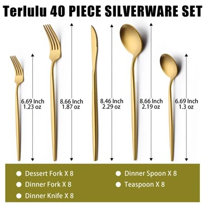 Itopfox 40-Piece Gold Flatware Set For 8, Stainless Steel Cutlery Set With Forks, Knives, Spoons, Elegant Satin Finish For Home, Kitchen, Restaurant 1 Itopfox 40-Piece Gold Flatware Set For 8, Stainless Steel Cutlery Set With Forks, Knives, Spoons, Elegant Satin Finish For Home, Kitchen, Restaurant