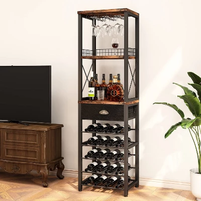 Itopfox 4-Tier Freestanding Wine Rack With Tabletop, Glass Holder, Storage Drawer For Liquor & Glasses, Industrial Style Bar Cabinet For Living Room 1 Itopfox 4-Tier Freestanding Wine Rack With Tabletop, Glass Holder, Storage Drawer For Liquor & Glasses, Industrial Style Bar Cabinet For Living Room