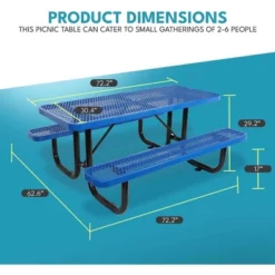 Itopfox 6 Ft. Outdoor Steel Picnic Table With Umbrella Hole, Heavy-Duty Weatherproof Dining Table For Patio, Backyard, Rust-Resistant Blue Finish