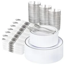 Itopfox Elegant Silver Plastic Dinnerware Set - Disposable Plates, Dessert Plates, Silver Rim Cups & Cutlery For Weddings, Parties - 50 Guest Service -Itopfox Shop GUEST 4b7145be b637 4929 9772 97c7a4a30aa7