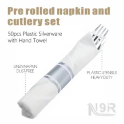 Itopfox 50 Pack Pre Rolled Silver Plastic Cutlery Set With Forks, Knives, Spoons & Napkins, Disposable For Party, Wedding & Events -Itopfox Shop GUEST 52a030e8 33be 43b0 9d8c b7bcb433a36b