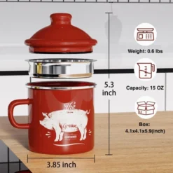 Itopfox Mini Bacon Grease Container With Strainer - Enamel Grease Saver, Farmhouse Bacon Grease Keeper For Kitchen Fat Storage, Dishwasher Safe