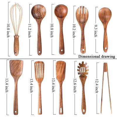 Itopfox 10-Piece Wooden Kitchen Utensil Set - Teak Wood Spoons, Spatulas, Ladle For Non-Stick Cookware, Cooking Tools With Hanging Holes 2 Itopfox 10-Piece Wooden Kitchen Utensil Set - Teak Wood Spoons, Spatulas, Ladle For Non-Stick Cookware, Cooking Tools With Hanging Holes - Image 2