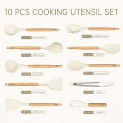 Itopfox 10-Piece Silicone Cooking Utensil Set With Wood Handles, BPA-Free Spatulas & Spoons For Nonstick Cookware, Heat-Resistant (Cream White)