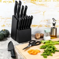 Itopfox 15-Piece Kitchen Knife Set With Block, Self-Sharpening, Dishwasher Safe, Anti-Slip Handle, Black