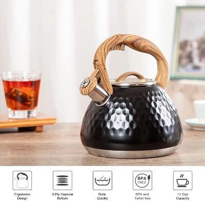 Itopfox Tea Kettle With Wood Handle, Loud Whistling Stainless Steel Teapot For Stovetops, Diamond Design, 2.7-Quart Black 5 Itopfox Tea Kettle With Wood Handle, Loud Whistling Stainless Steel Teapot For Stovetops, Diamond Design, 2.7-Quart Black - Image 5