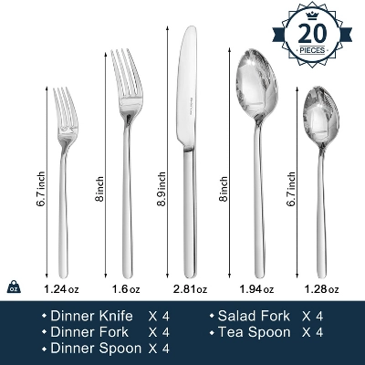 Itopfox 20-Piece Stainless Steel Flatware Set For 4, Mirror Polished Cutlery Set, Dishwasher Safe For Home, Restaurant, Wedding, Party (Silver) 3 Itopfox 20-Piece Stainless Steel Flatware Set For 4, Mirror Polished Cutlery Set, Dishwasher Safe For Home, Restaurant, Wedding, Party (Silver) - Image 3