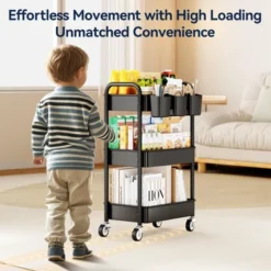 Itopfox 3-Tier Metal Rolling Cart With Wheels, Hanging Cups & Hooks, Heavy Duty Mesh Storage Organizer For Kitchen, Office, Craft