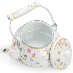 Itopfox Vintage Floral Enamel Tea Kettle With Porcelain Handle For Stovetop, Home Kitchen, Camping, Perfect Gift For Housewarming, Wedding