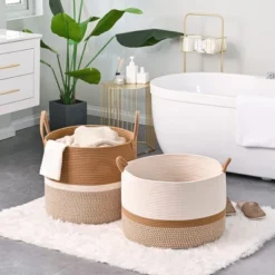 Itopfox Large Woven Storage Basket For Blankets, Laundry, Nursery, And Toys, Soft Cotton Rope Hamper For Living Room, Baby Toy Chest In White/Brown -Itopfox Shop GUEST 65c1121e 4373 4a75 9f90 2866d4534569