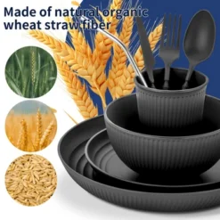 Itopfox 56-Piece Black Wheat Straw Dinnerware Set, Unbreakable Plates, Bowls, Cups & Utensils, Microwave & Dishwasher Safe, Reusable For Home, Office -Itopfox Shop GUEST 69cd5b16 f713 4e1d 91eb 358e14170597