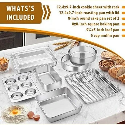 Itopfox Stainless Steel Bakeware Set, 9-Piece For Cake Cookie Loaf Muffin, Includes Round Square Rectangle Pans With Lid & Rack, Dishwasher Safe 1 Itopfox Stainless Steel Bakeware Set, 9-Piece For Cake Cookie Loaf Muffin, Includes Round Square Rectangle Pans With Lid & Rack, Dishwasher Safe