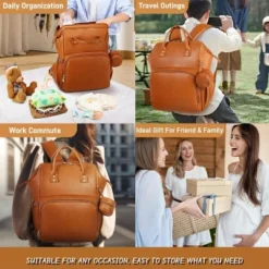 Itopfox Vegan Leather Diaper Backpack With Waterproof Changing Pad, Reinforced Stitching & Zippers, Ergonomic Design For Traveling Moms, Brown