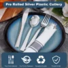 Itopfox 50 Guests Pre Rolled Silver Plastic Silverware Sets - Heavy Duty Cutlery With Napkins For Parties, Dinners & Weddings