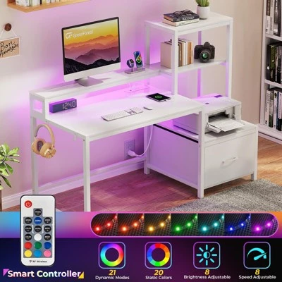 Itopfox Computer Desk With Drawers & Monitor Stand, Home Office Desk With Storage Shelves, Gaming Desk With Power Outlets & LED Lights For Study 4 Itopfox Computer Desk With Drawers & Monitor Stand, Home Office Desk With Storage Shelves, Gaming Desk With Power Outlets & LED Lights For Study - Image 4