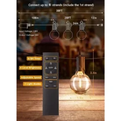 Itopfox 38Ft Outdoor String Lights With Remote & 15 Shatterproof LED Bulbs - Waterproof Patio Hanging Lamps For Porch Balcony Bistro Cafe