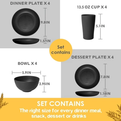 Itopfox 16-Piece Kitchen Plastic Wheat Straw Dinnerware Set For 4, Includes Plates, Bowls, Cups, Unbreakable For Camping, Outdoor, Home, Black 1 Itopfox 16-Piece Kitchen Plastic Wheat Straw Dinnerware Set For 4, Includes Plates, Bowls, Cups, Unbreakable For Camping, Outdoor, Home, Black