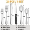 Itopfox 24-Piece Stainless Steel Silverware Set With Steak Knives, Mirror Polished Flatware For 4, Dishwasher Safe Cutlery Set For Home Kitchen