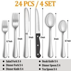 Itopfox 24-Piece Stainless Steel Silverware Set With Steak Knives, Mirror Polished Flatware For 4, Dishwasher Safe Cutlery Set For Home Kitchen