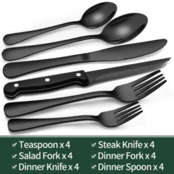 Itopfox 24-Piece Black Silverware Set With Steak Knives, Flatware Set For 4, Food-Grade Stainless Steel Tableware Cutlery Set Mirror Finished Utensil