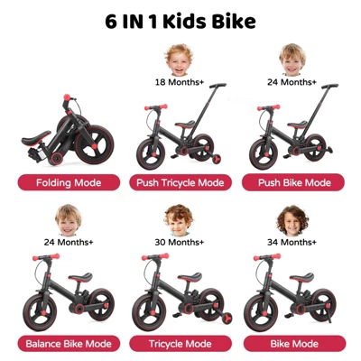 Itopfox 6-in-1 Foldable Toddler Bike With Push Handle, Training Wheels & Pedals For Kids 18-60 Months Adjustable Balance Bike For Boys & Girls 2 Itopfox 6-in-1 Foldable Toddler Bike With Push Handle, Training Wheels & Pedals For Kids 18-60 Months Adjustable Balance Bike For Boys & Girls - Image 2