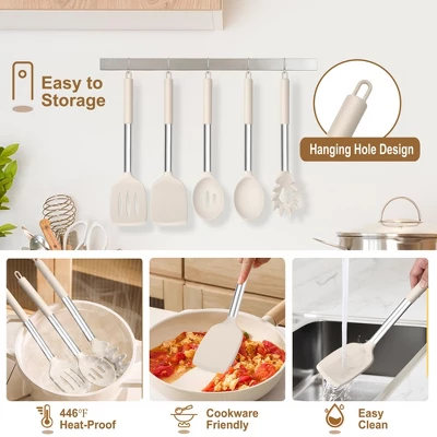 Itopfox 5-Piece Silicone Kitchen Utensil Set With Stainless Steel Handles For Nonstick Cookware, Heat-Resistant & Easy To Clean, Khaki 5 Itopfox 5-Piece Silicone Kitchen Utensil Set With Stainless Steel Handles For Nonstick Cookware, Heat-Resistant & Easy To Clean, Khaki - Image 5
