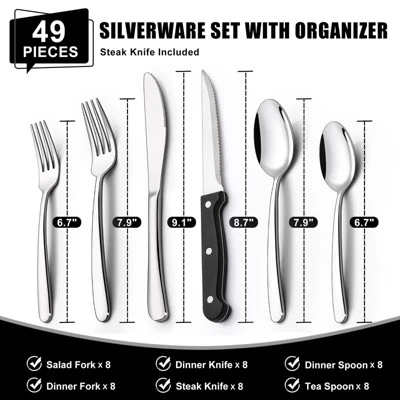 Itopfox 49-Piece Silverware Set With Organizer, Heavy Duty Stainless Steel Flatware For 8, Cutlery Utensil Sets With Steak Knives, Rust-proof 1 Itopfox 49-Piece Silverware Set With Organizer, Heavy Duty Stainless Steel Flatware For 8, Cutlery Utensil Sets With Steak Knives, Rust-proof