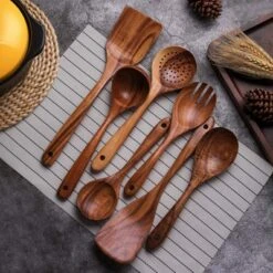 Itopfox Wooden Non-Stick Kitchen Utensil Set - 7-Piece Natural Teak Spatula, Spoon, Salad Fork, And More For Cooking And Serving