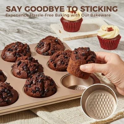 Itopfox 9-Piece Nonstick Baking Pans Set With Diamond Texture, Includes Cookie Sheet, Cake Pan, Roasting Pan, Muffin Tin, Gold 5 Itopfox 9-Piece Nonstick Baking Pans Set With Diamond Texture, Includes Cookie Sheet, Cake Pan, Roasting Pan, Muffin Tin, Gold - Image 5