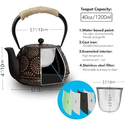 Itopfox Japanese Cast Iron Teapot, Enamel-Coated Stovetop Kettle With Stainless Steel Infuser & Heat-Resistant Handle, Traditional Iron Pot 2 Itopfox Japanese Cast Iron Teapot, Enamel-Coated Stovetop Kettle With Stainless Steel Infuser & Heat-Resistant Handle, Traditional Iron Pot - Image 2