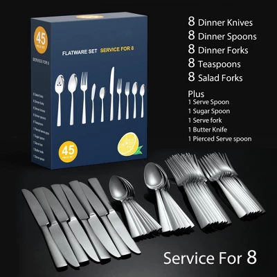 Itopfox 45-Piece Silverware Set, Durable Stainless Steel Flatware For 8, Ergonomic Design With Steak Knives, Rust-proof, Dishwasher Safe Kitchen 1 Itopfox 45-Piece Silverware Set, Durable Stainless Steel Flatware For 8, Ergonomic Design With Steak Knives, Rust-proof, Dishwasher Safe Kitchen