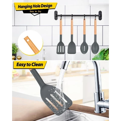 Itopfox Pack Of 4 Silicone Cooking Utensils Set With Wooden Handle, Non Stick Spatulas And Heat Resistant Slotted Spoons For Frying, Serving, Turning 6 Itopfox Pack Of 4 Silicone Cooking Utensils Set With Wooden Handle, Non Stick Spatulas And Heat Resistant Slotted Spoons For Frying, Serving, Turning - Image 6