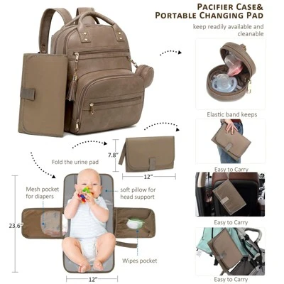 Itopfox Vegan Leather Diaper Backpack With Waterproof Changing Pad, 20 Pockets, Fits 15.6" Laptop, Stroller Straps, Taupe 2 Itopfox Vegan Leather Diaper Backpack With Waterproof Changing Pad, 20 Pockets, Fits 15.6" Laptop, Stroller Straps, Taupe - Image 2